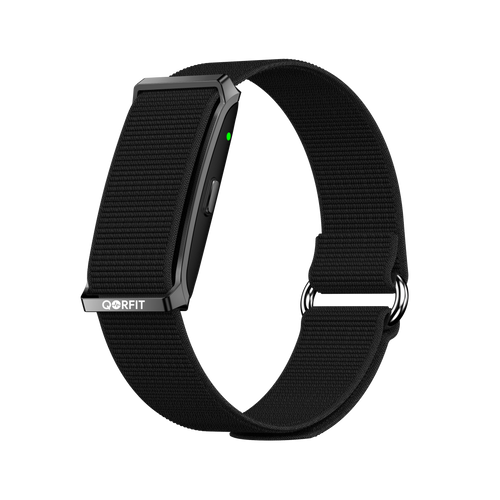 Black Qorfit Pulse Smart Health Tracker with a visible brand logo on a white background